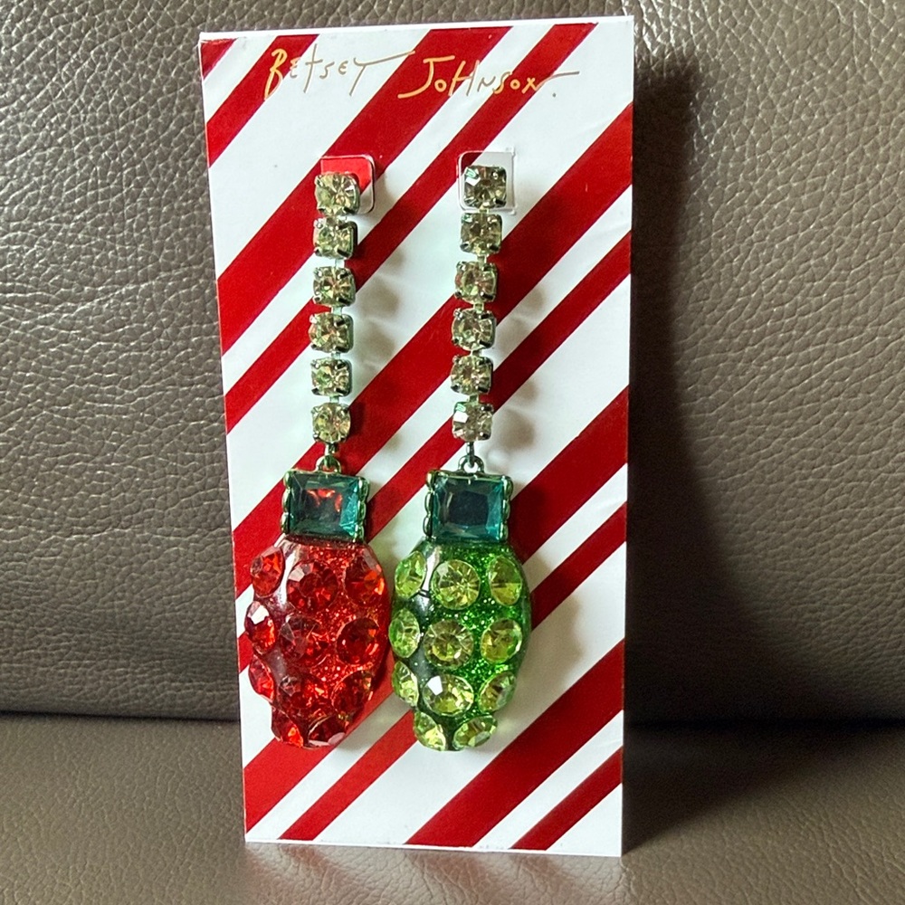 Betsey Johnson Red and Green Crystal Drop Earrings Christmas Lights